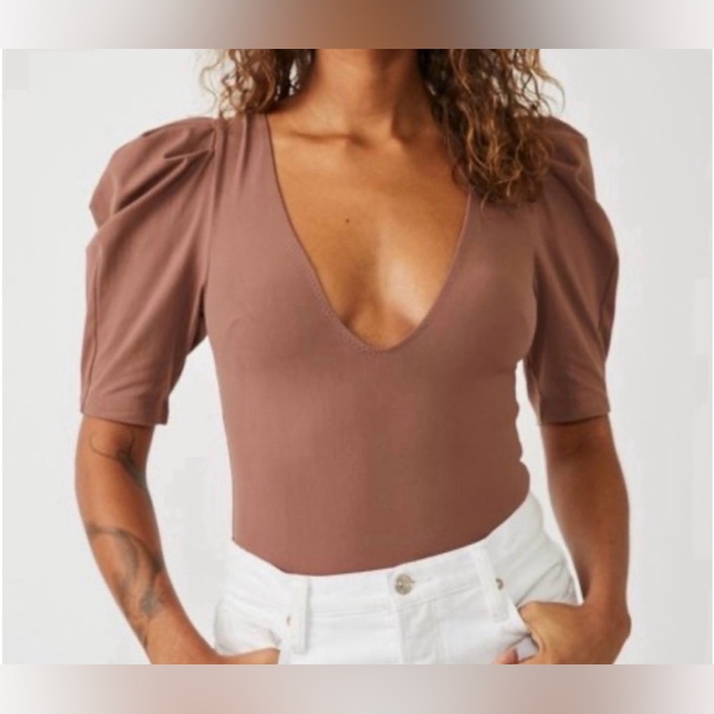 Free People Intimately Deep V-Neck Puff Sleeve Bodysuit Brown Cocoa Small